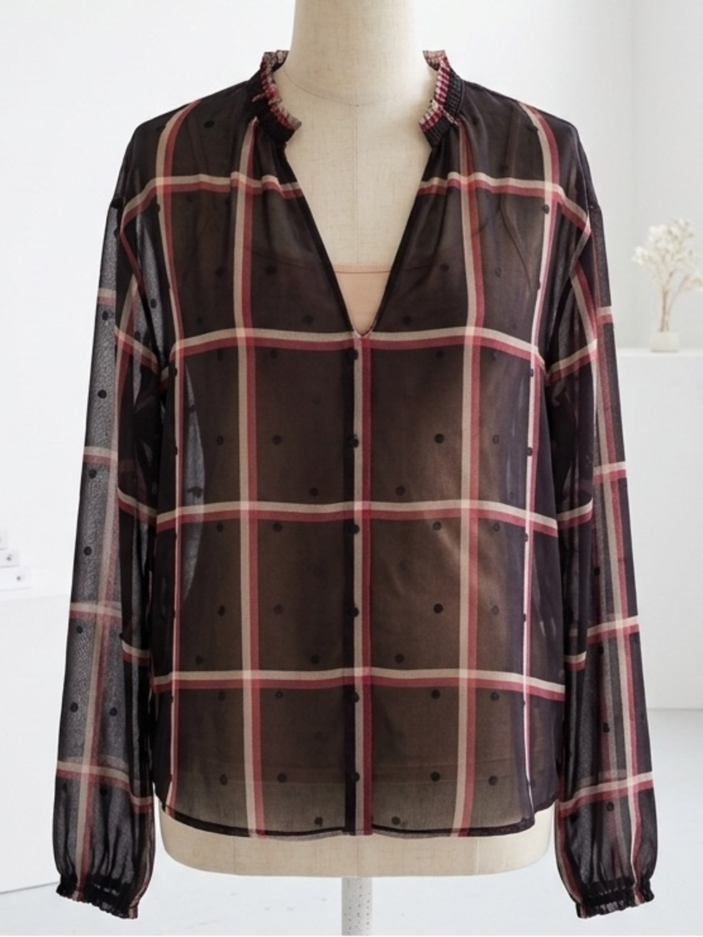 Zara| Navy Blue Sheer Windowpane Plaid Blouse w/Red & White Stripes Sz M
